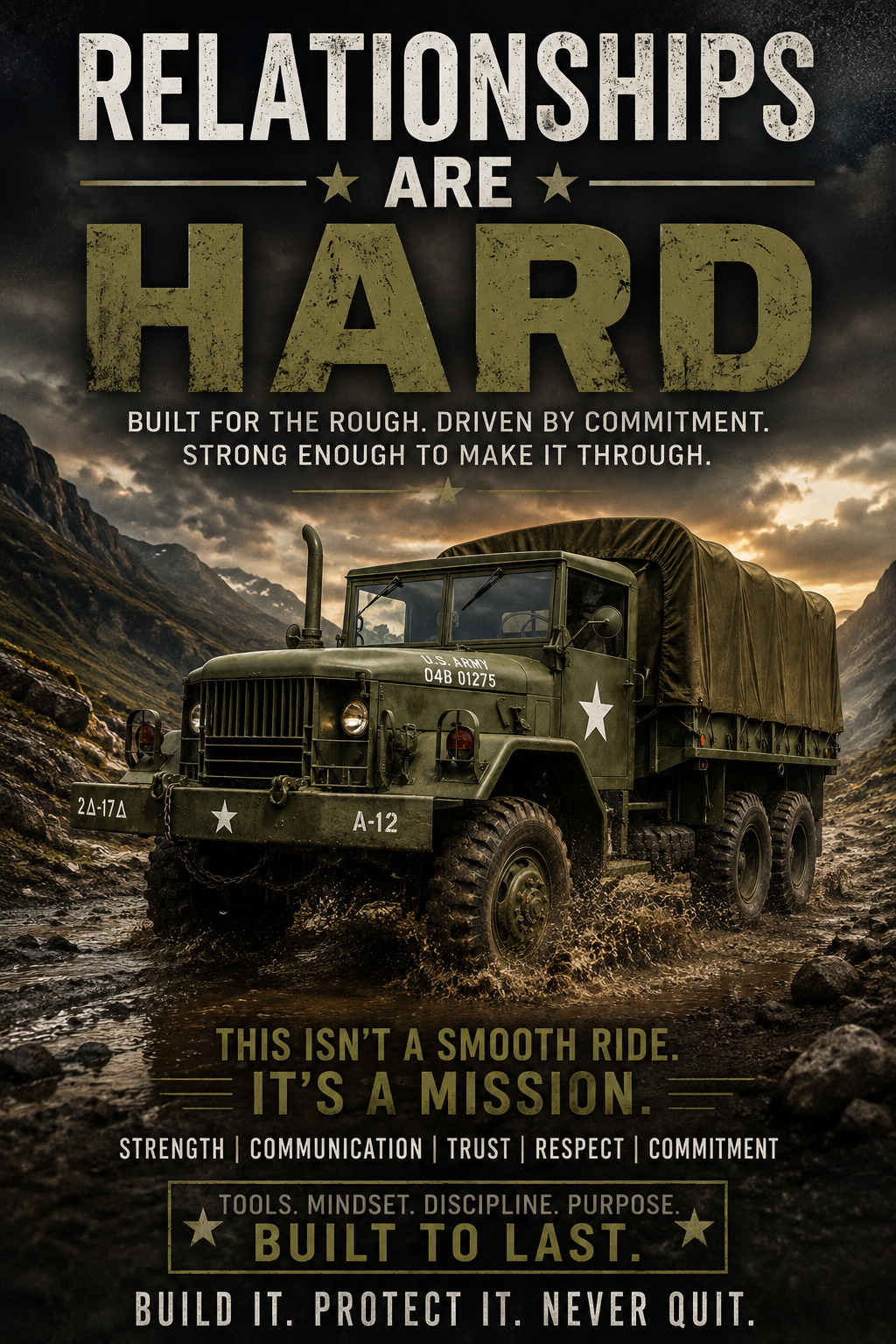 Deuce and a Half military truck in a mountain pass — Relationships are hard. Built for the rough. Driven by commitment.